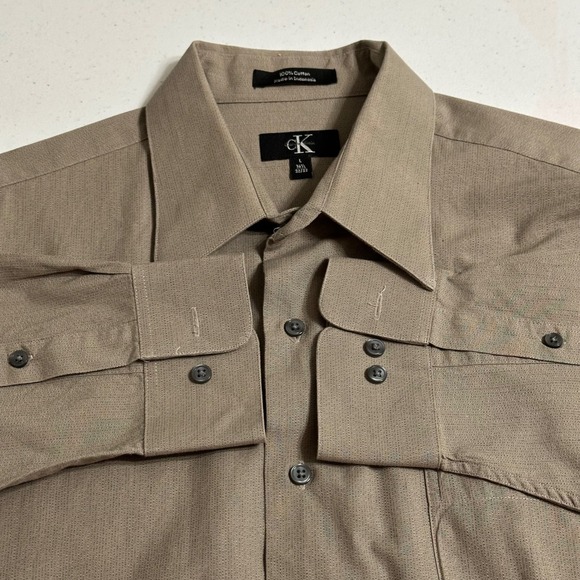 Calvin Klein Dress Shirt Long Sleeve Button Up Khaki‎ Beige L 16 1/2 32/33 - Picture 1 of 5